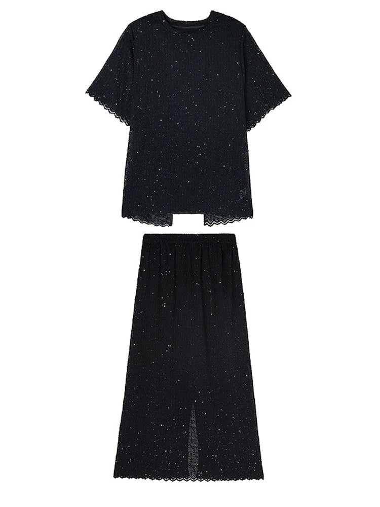 Black Lace T-Shirt & Back Slit Skirt 2-Piece Set - Round Neck Short Sleeve Women's Fashion Outfit for Spring Summer 2025 | Casual Wear, Date Night, Office Attire