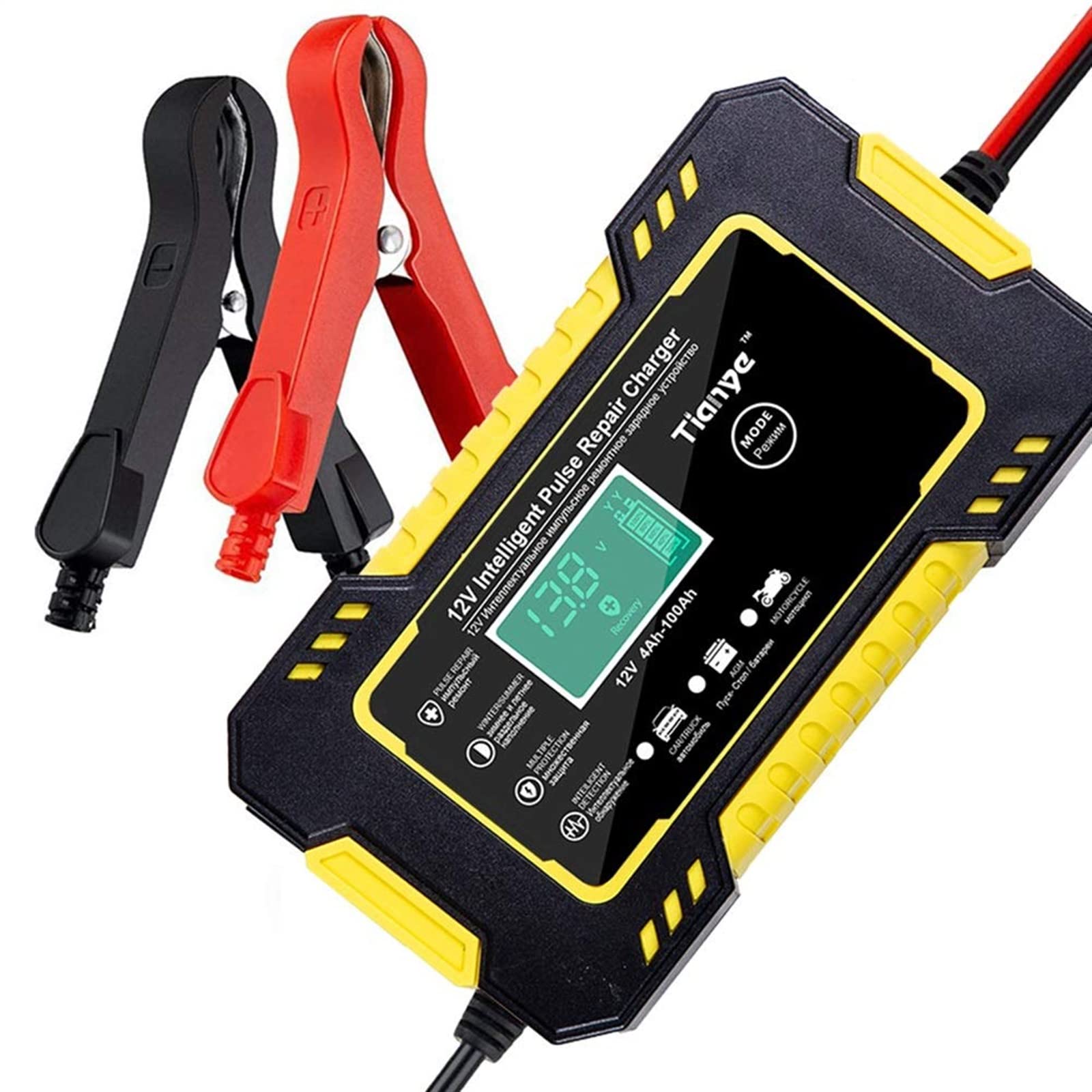 12V/6A Smart Car Battery Charger with LCD Display - Pulse Repair Trickle Charger & Maintainer for Automotive, Motorcycle, Boat, SUV, Lawn Mower - Ideal for Winter Storage & Long-Term Vehicle Maintenance (Yellow)