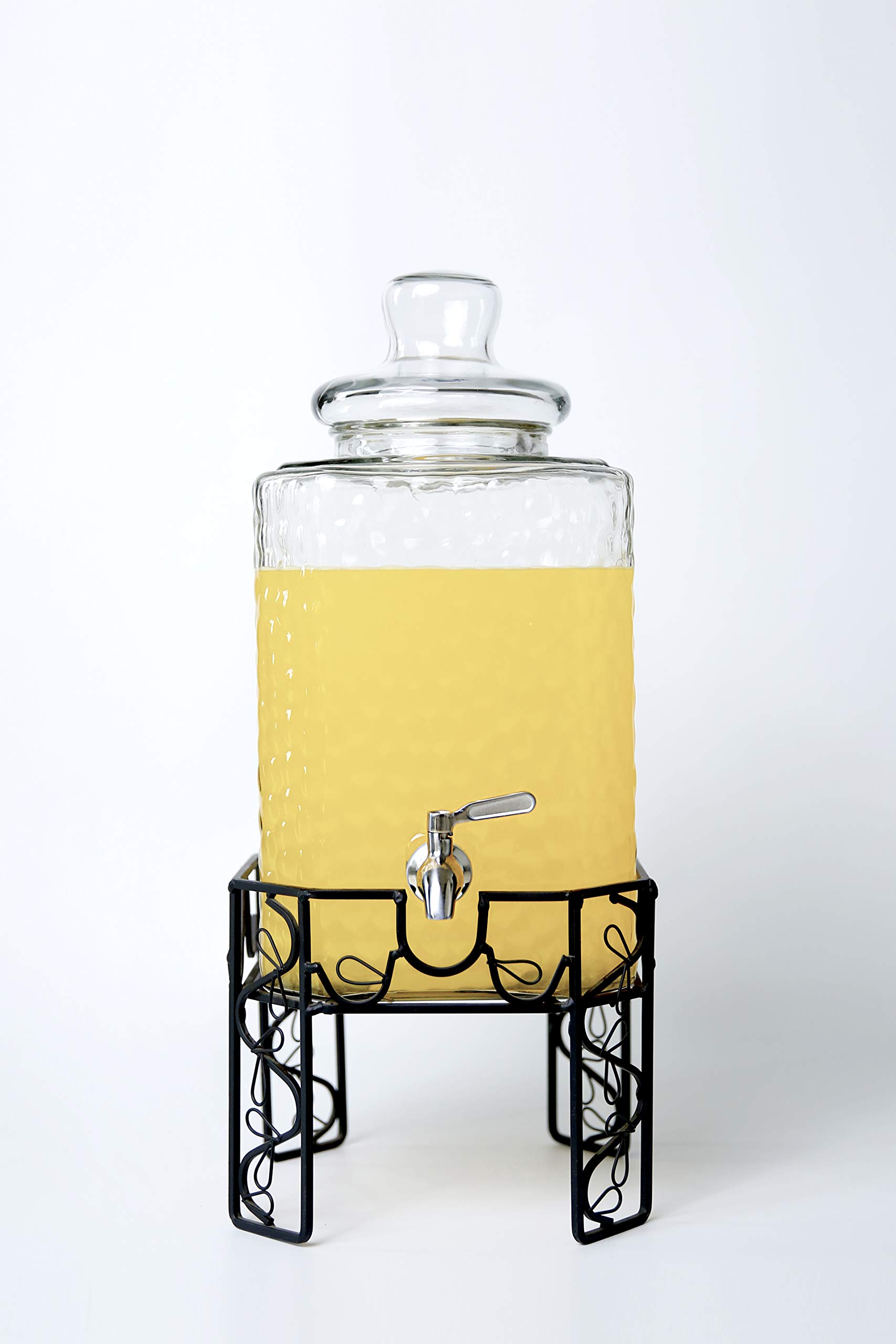 2.5 Gallon Glass Beverage Dispenser with Stainless Steel Spigot, Metal Stand & Drip Tray - Mason Jar Style Drink Dispenser for Parties, Weddings, BBQs - Perfect for Iced Tea, Lemonade, Water & Punch - Great for Outdoor Events, Catering & Home Entertaining