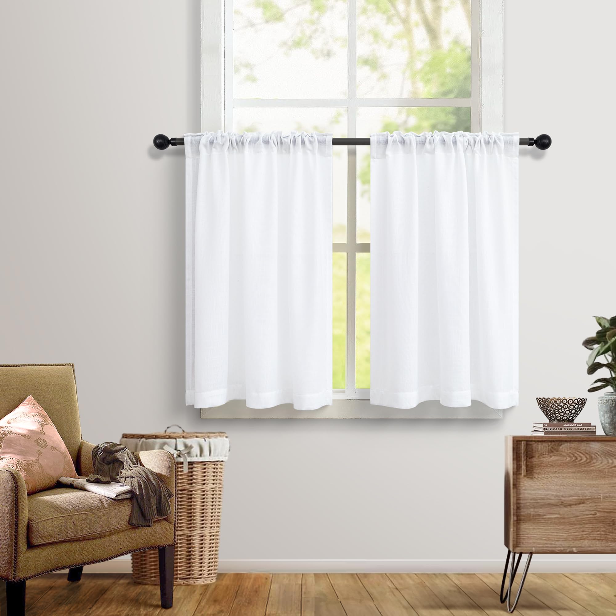 DANCURTON White Semi-Sheer Linen Cafe Curtains - 30 Inch Length, 2 Panels Set with Back Tab Pocket - Perfect for Kitchen Window Over Sink, Small Bathroom, Bedroom & Living Room - Elegant Window Treatment for Casual Dining Areas & Cozy Home Decor