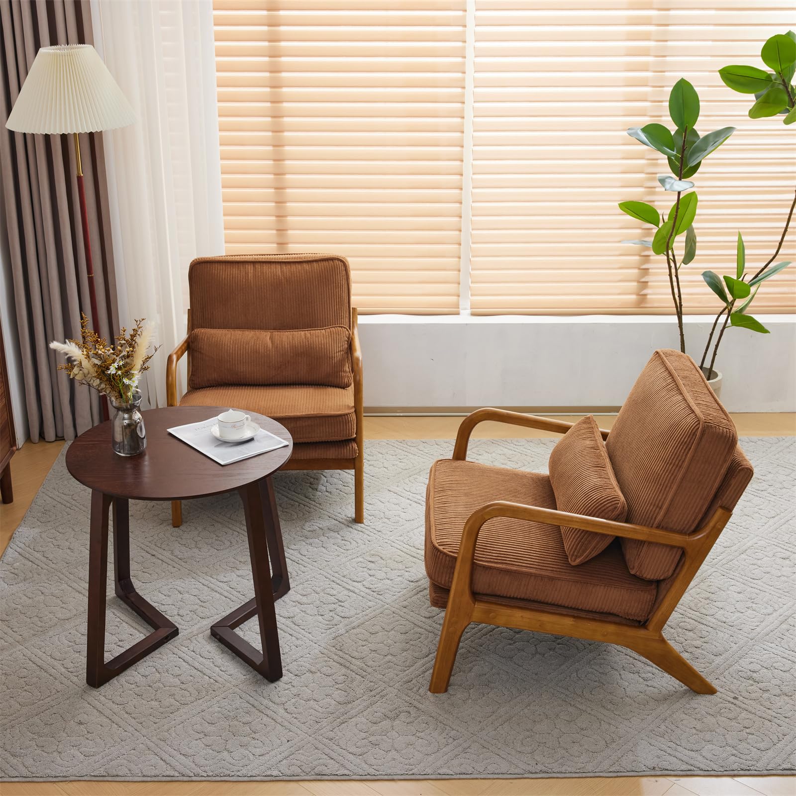 VINGLI Upgraded Premium Corduroy Accent Chairs Set of 2, Modern Upholstered Armchairs with Solid Wood Frame & Lumbar Pillow - Comfortable Mid Century Reading Chairs for Living Room, Bedroom, Office (Brown) - Perfect for Relaxing, Reading & Home Decor