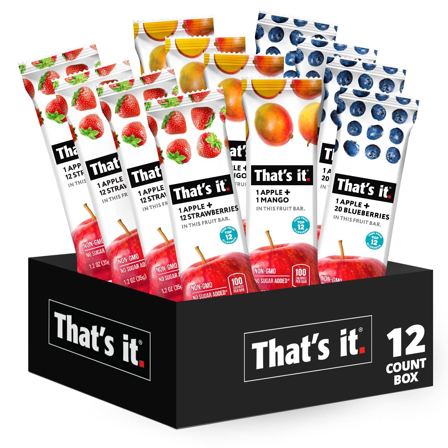 That's It. Variety Pack 100% Natural Real Fruit Bars - High Fiber Vegan Snacks, Gluten Free, Paleo Friendly, Non-GMO, No Added Sugar or Preservatives - Healthy Energy Food for Kids & Adults (12 Pack) - Perfect for School Lunches, Office Snacks, Hiking & Travel