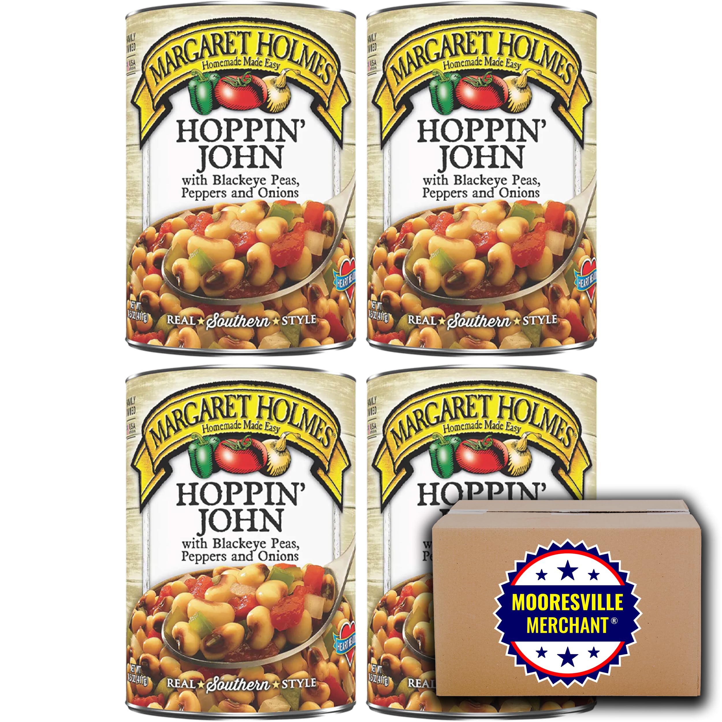 Margaret Holmes Canned Hoppin' John with Blackeye Peas, Tomatoes, Onions & Peppers - 14.5 oz (4-Pack) | Southern Style Ready-to-Eat Meal | Perfect for Quick Dinners, Camping & Emergency Food Storage