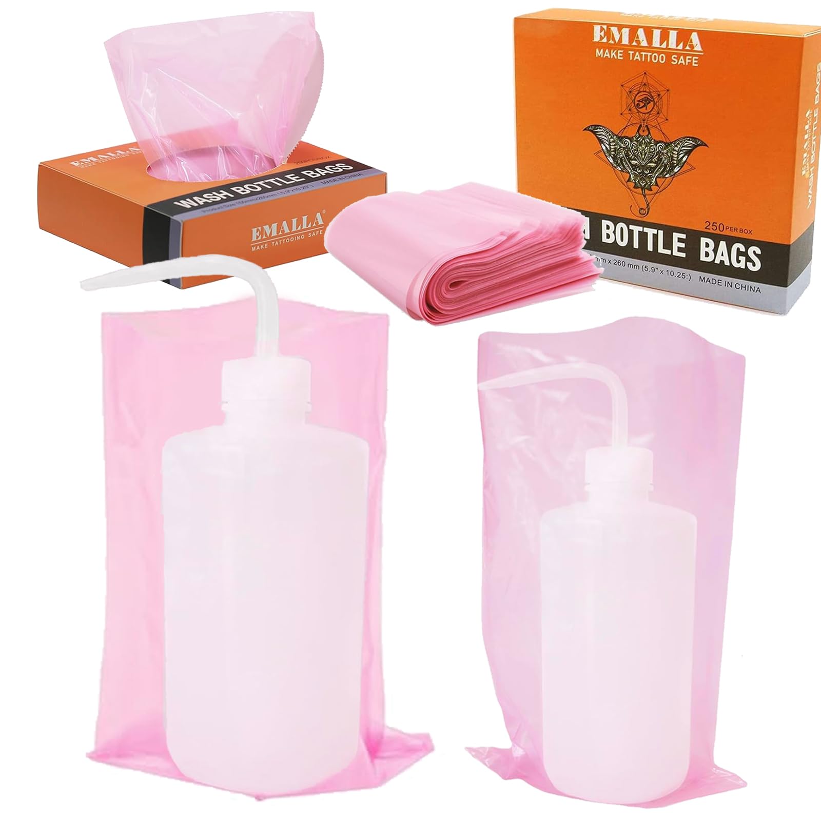 **LEEYUKA 250PCS Pink Tattoo Wash Bottle Bags (6×10in) - Disposable Squeeze Bottle Covers for Tattoo Supplies, Hygiene & Cleaning - Perfect for Tattoo Studios, Salons & Mobile Artists**