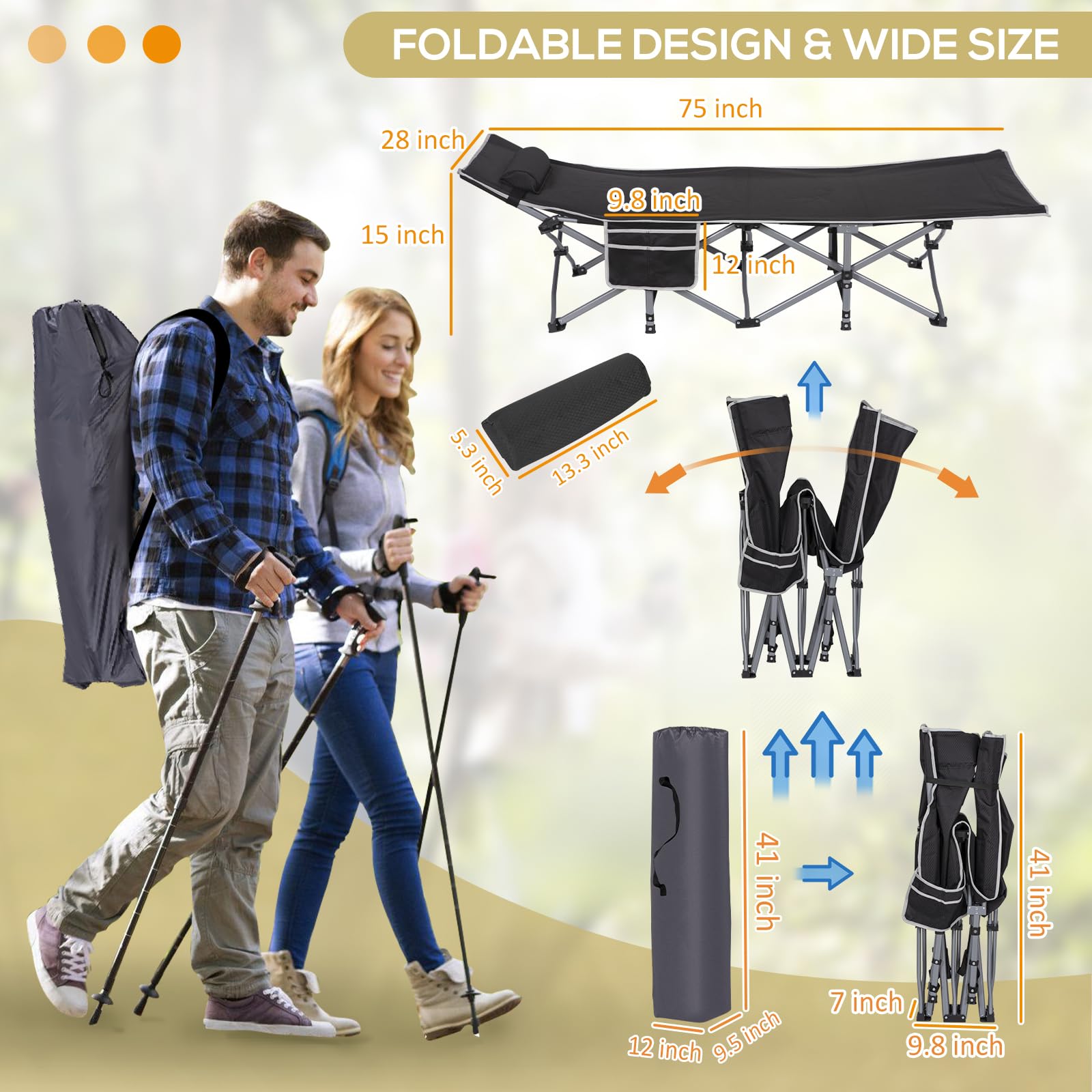 2 Pack Heavy Duty Folding Camping Cots with Pillow & 3