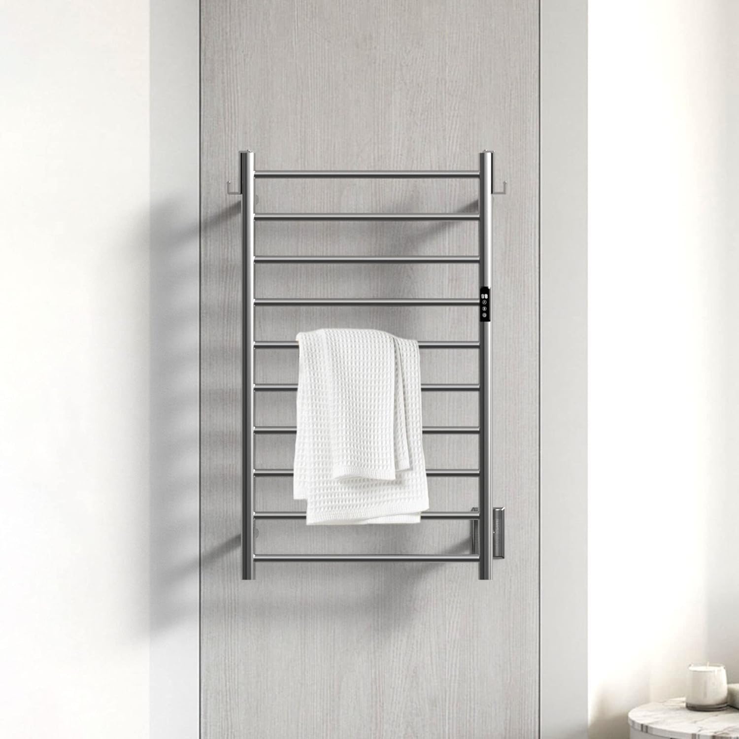 P&Bhusri Electric Heated Towel Rack for Bathroom - Wall Mounted 10-Bar Towel Warmer with Timer & LED Display, Stainless Steel Brushed Finish (Hardwired/Plug-in) - Perfect for Spa, Luxury Bathrooms & Cold Weather Comfort