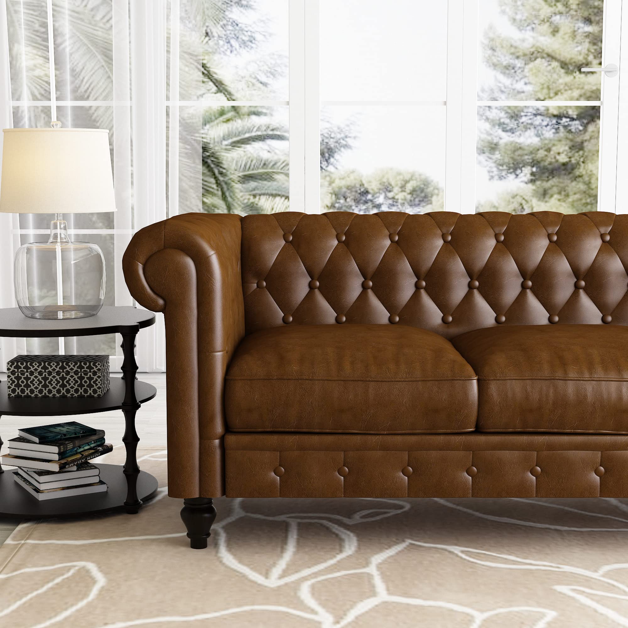 Yoglad Chesterfield Sofa - Faux Leather Rolled Arm 3-Seater Couch with Sturdy Wooden Frame | Perfect for Living Room, Bedroom & Apartment Decor | Classic Brown Leather Sofa for Cozy Home & Office Lounge