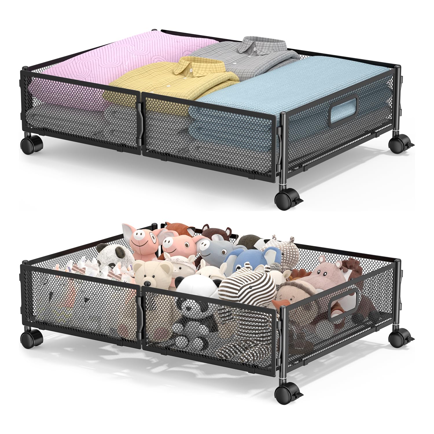Under Bed Storage with Wheels - 2 Pack Rolling Under Bed Storage Containers for Shoes, Clothes & Blankets | Space Saving Bedroom Organizer for Seasonal Clothing & Extra Linens