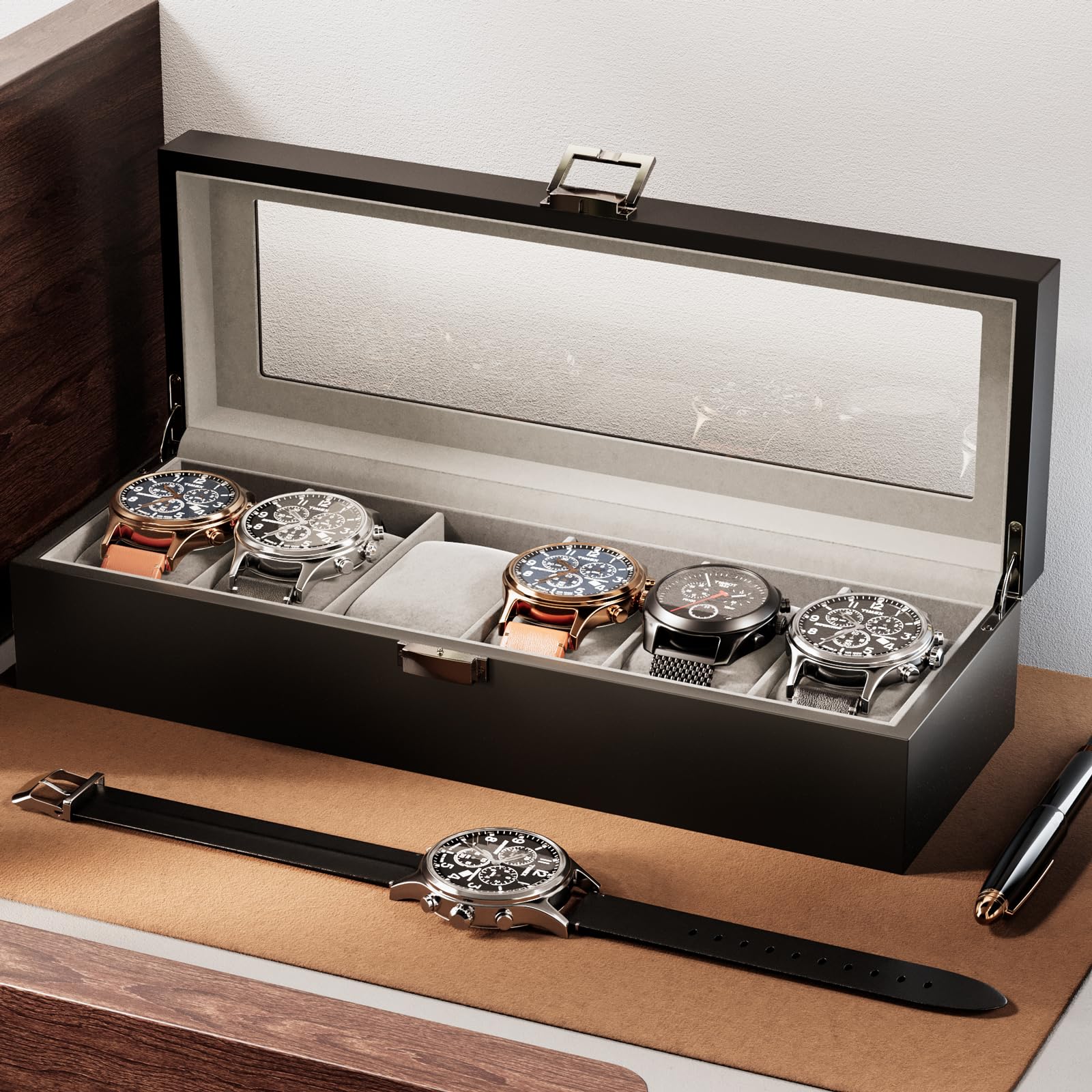 ProCase Wooden Watch Box for Men - 6 Slot Display Case with Glass Lid, Perfect for Father's Day Gifts & Watch Storage