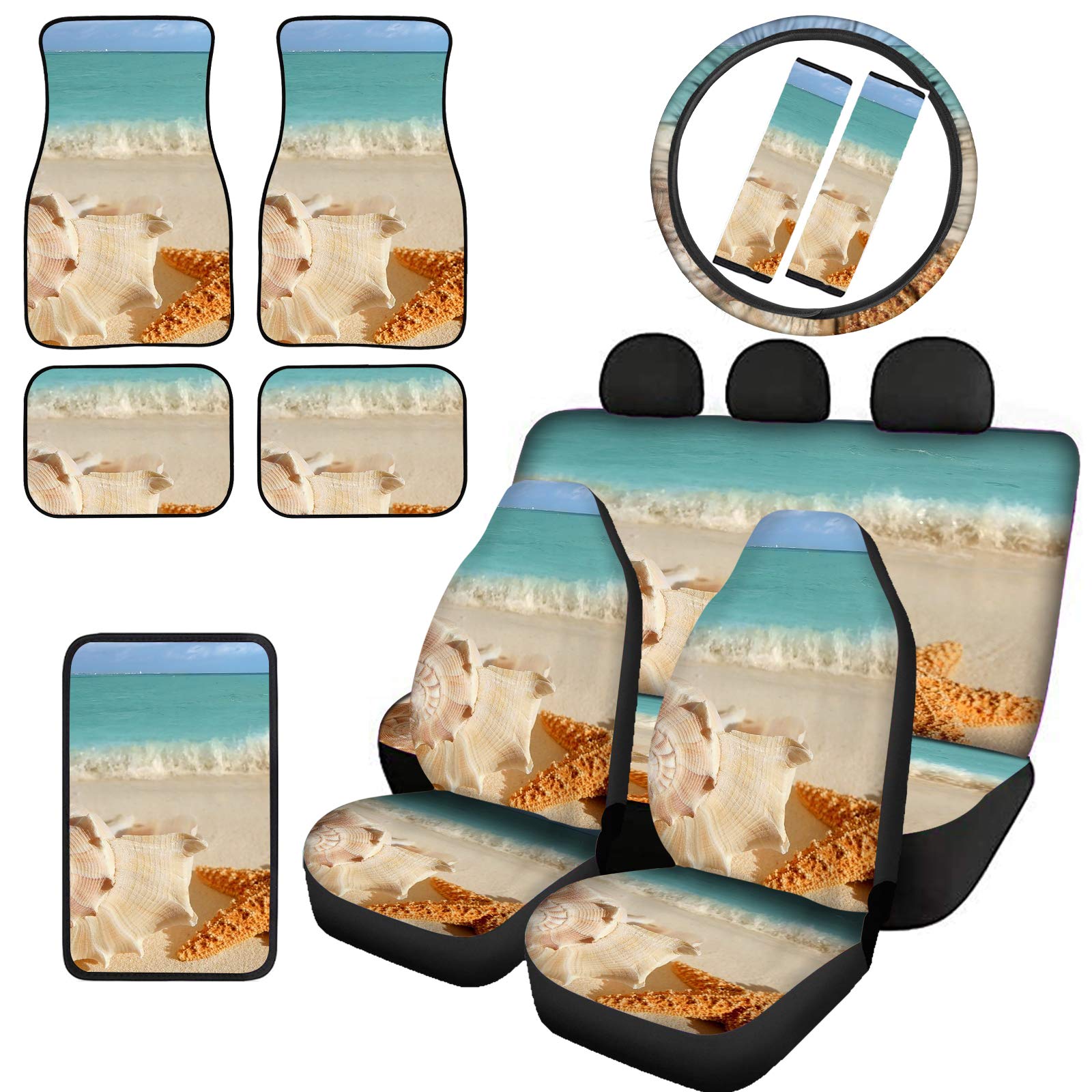 Doginthehole Beach Shell Starfish Print Car Seat Cover Protector - 12-Piece All-Weather Car Accessories Set for Women (Neoprene Steering Wheel Cover, Rubber Floor Mats) - Perfect for Beach Trips, Summer Road Travel & Coastal Lifestyle