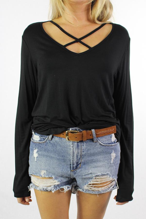 Jennifer Women's Long Sleeve Criss Cross Front T-Shirt | Soft Cotton Casual Top | Made in USA | Perfect for Work, Date Night & Everyday Wear