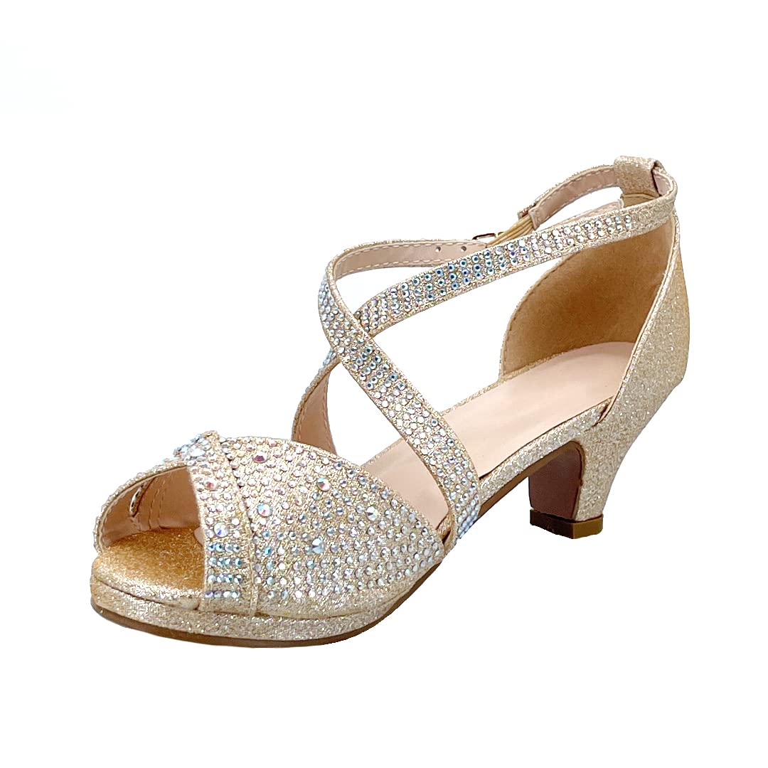 ABSOLEX Girls' Dressy Low Heel Sandals with Rhinestones & Cross Straps - Toddler/Little Kid/Big Kid Sizes - Perfect for Weddings, Parties & Special Occasions