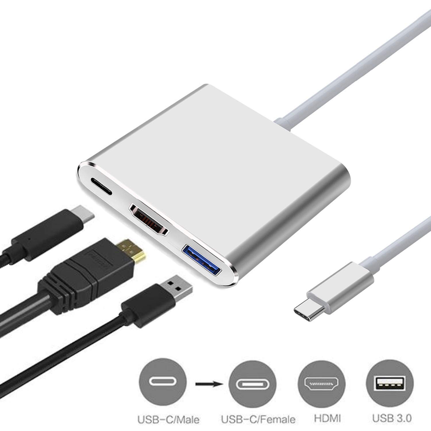 3-in-1 USB C Hub with HDMI 4K, USB 3.0 & PD Charging - for MacBook, iMac, Chromebook - Home & Office Use