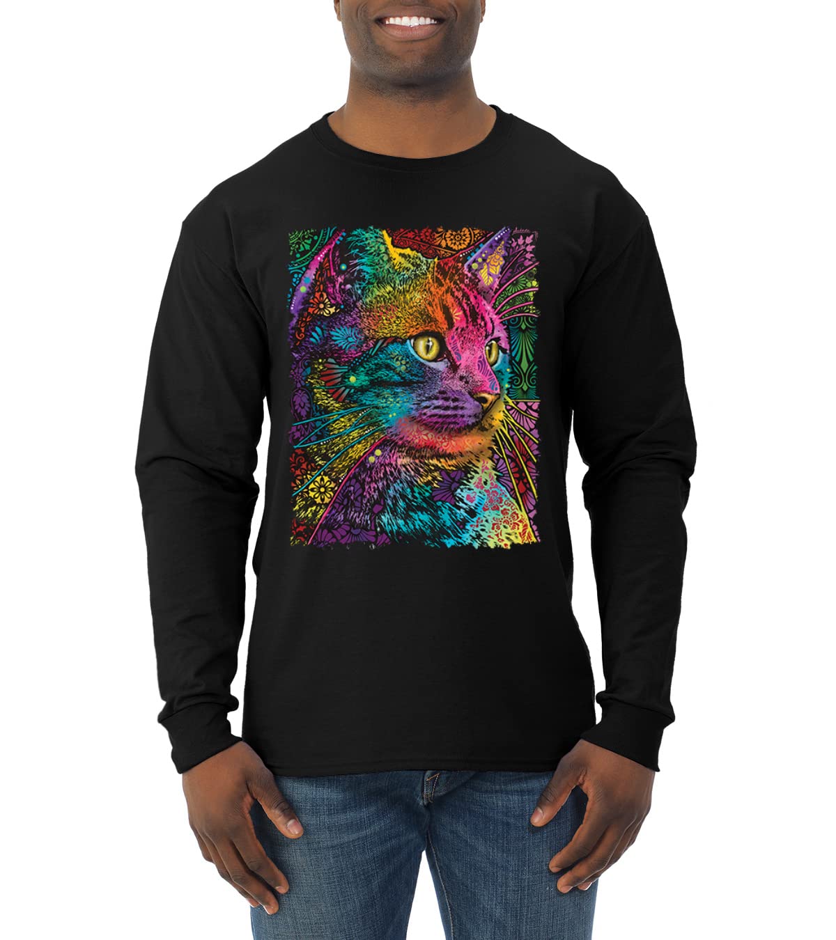 Dean Russo Art Cat Lover Long Sleeve Shirt for Men - Colorful Cat Portrait Graphic Tee | Gift for Cat Owners | Perfect for Casual Wear & Cat-Themed Events