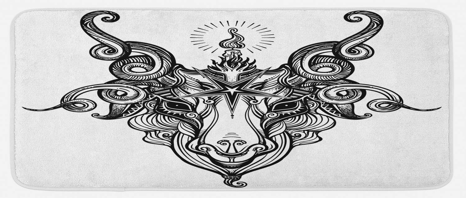 Ambesonne Non-Slip Kitchen Mat - Pentagram Design with Baphomet Goat Head Sketch, Plush & Decorative, 47x19 Inches, Charcoal Grey & White - Perfect for Gothic, Witchy, or Occult-Themed Kitchens