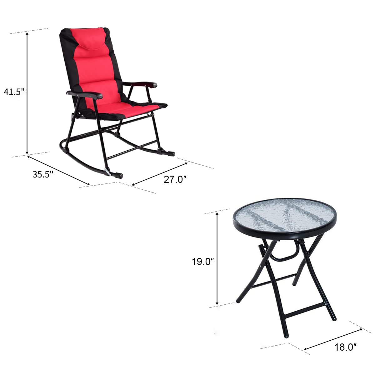 Tangkula 3-Piece Folding Bistro Set with Rocking Chairs & Round Table - Outdoor Patio Furniture for Backyard, Garden, Poolside, Porch - Red - Perfect for Relaxing, Entertaining & Small Space Living