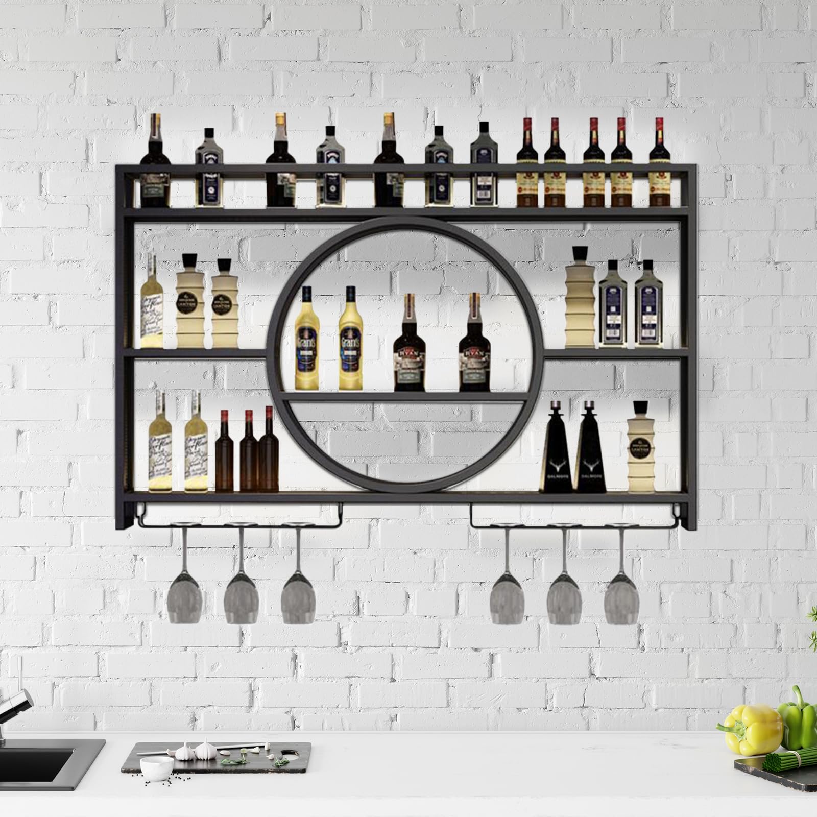 Wall Mounted Metal Wine Rack - Black Iron Floating Shelf for Wine Bottle Storage (39.4