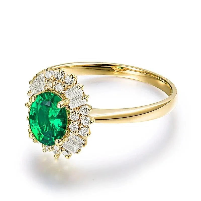 14K Yellow Gold Oval Emerald & Diamond Ring for Women - 0.8ct Natural Gemstone Engagement Ring, Luxury Jewelry Gift for Anniversary, Valentine's Day & Special Occasions