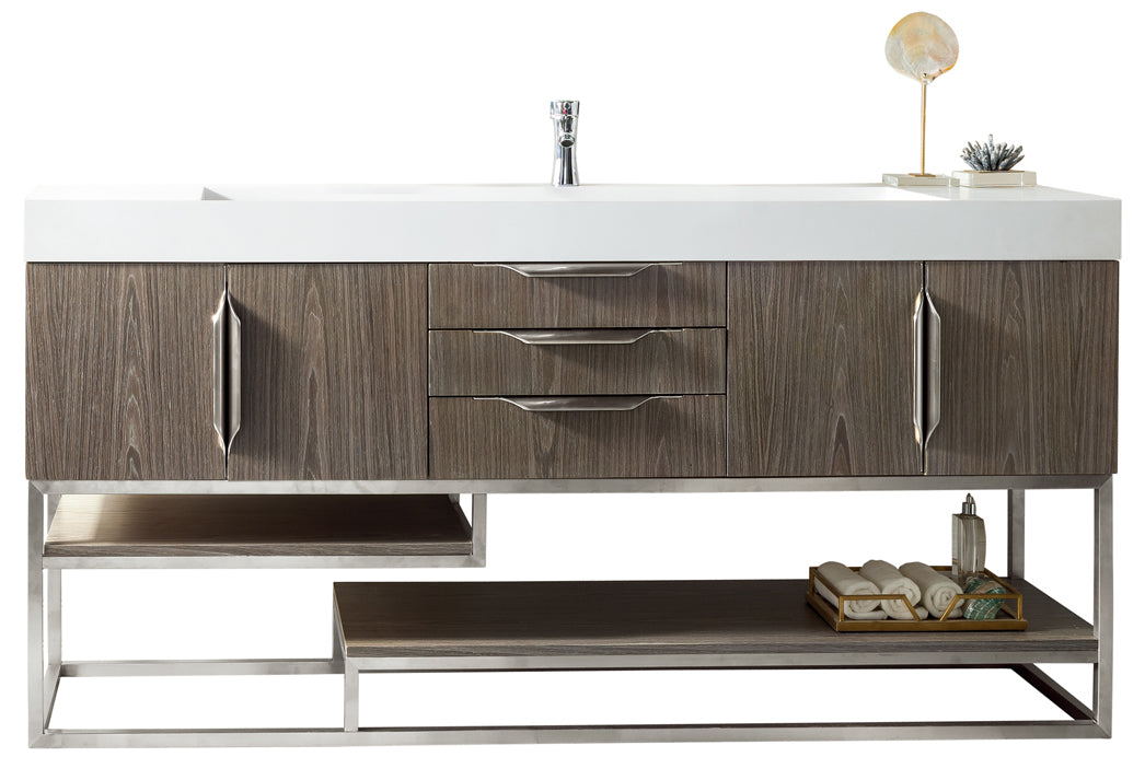 Columbia 72 Inch Single Bathroom Vanity in Ash Gray with Glossy White Composite Top - Perfect for Modern Master Bathrooms & Guest Bath Remodels