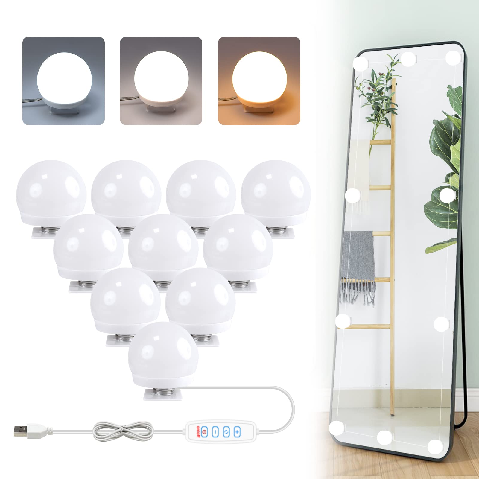 LightingWill Vanity Mirror Lights Kit - 10 Dimmable LED Bulbs, USB Powered with 3 Color Modes & 10 Brightness Levels for Makeup Dressing Table - Perfect for Home Salon, Beauty Room, and Professional Makeup Studios