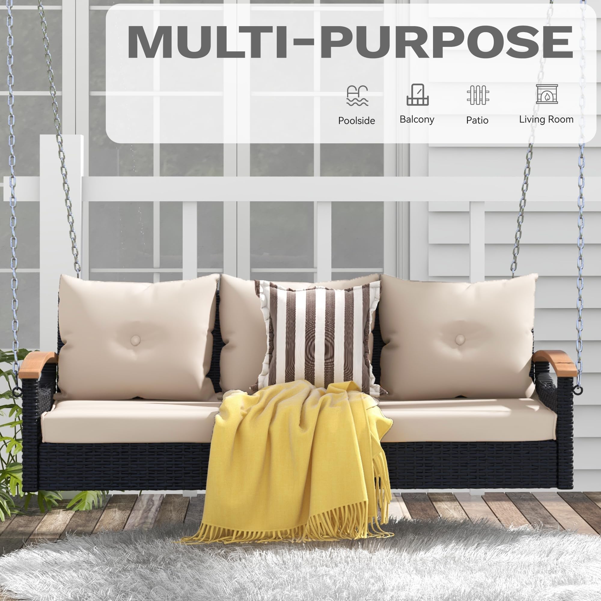 DWVO 3-Seater Outdoor Hanging Porch Swing - Rattan Wicker Patio Lounge Bench with 794lbs Weight Capacity - Perfect for Garden, Balcony, Deck & Backyard Relaxation (Black & Beige)