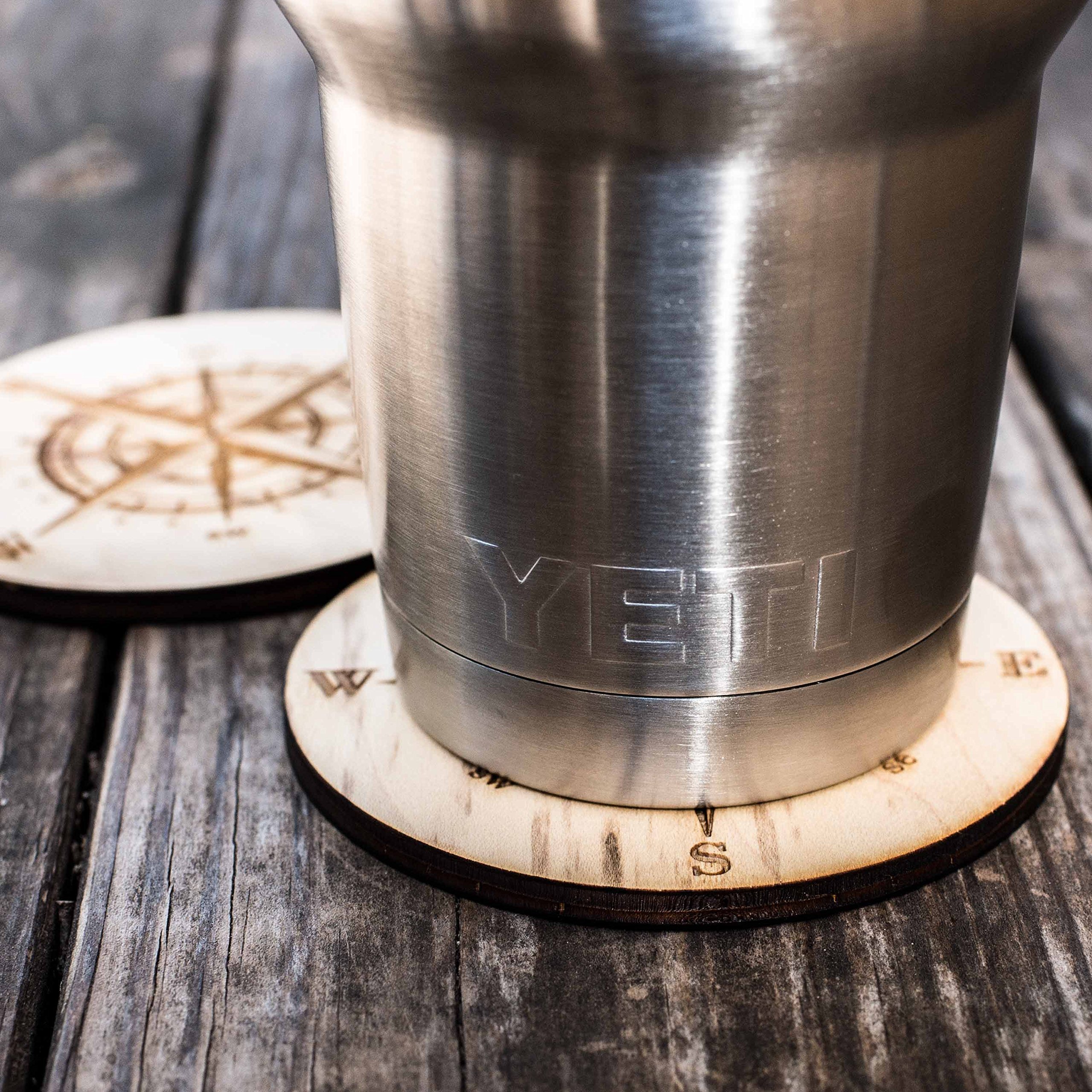 Compass Rose Coaster Set of 2 - Natural Raw Wood Drink Coasters for Home & Office Bar Decor - Perfect for Coffee, Wine, and Beverage Protection