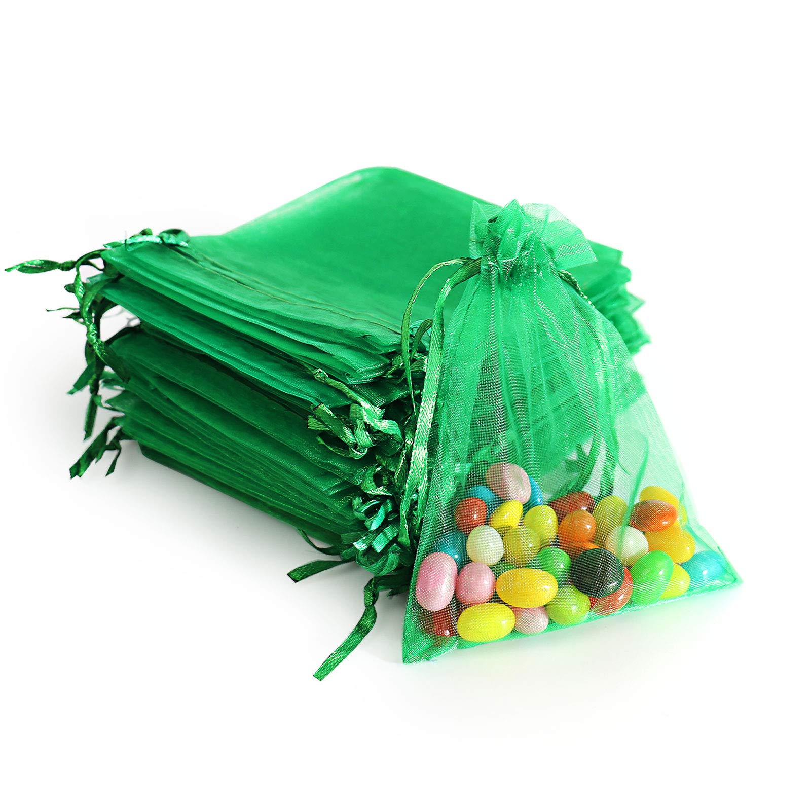 100Pcs 5x7 Inches Green Organza Gift Bags with Drawstring - Small Mesh Favor Bags for Christmas, Wedding, Party Favors, Jewelry Packaging & DIY Crafts