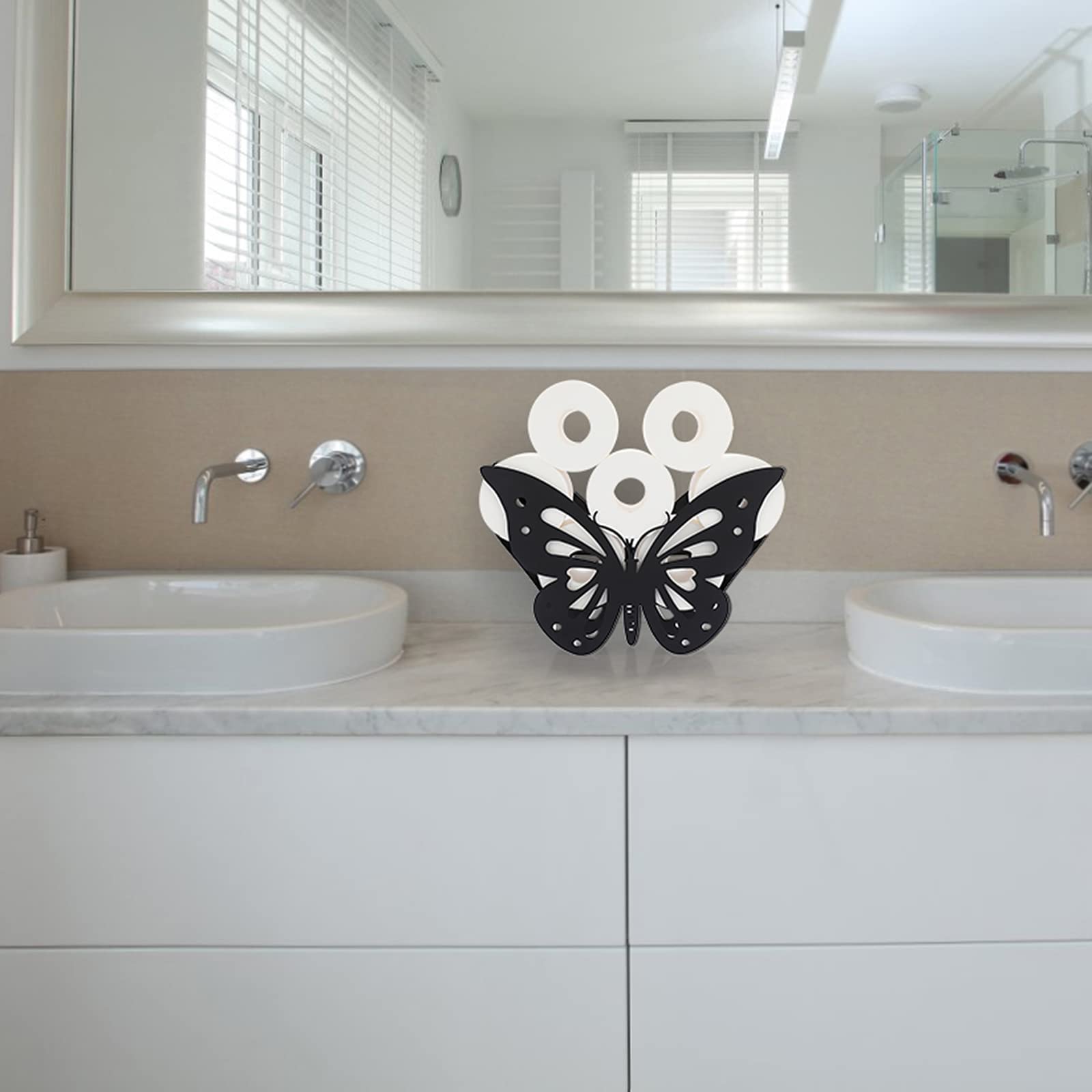 Freestanding Metal Toilet Paper Holder - Black Butterfly Design for Bathroom, Kitchen, or Office | Decorative Toilet Paper Organizer for Table, Counter, Floor & Wall Storage | Sumnacon Toilet Paper Roll Stand