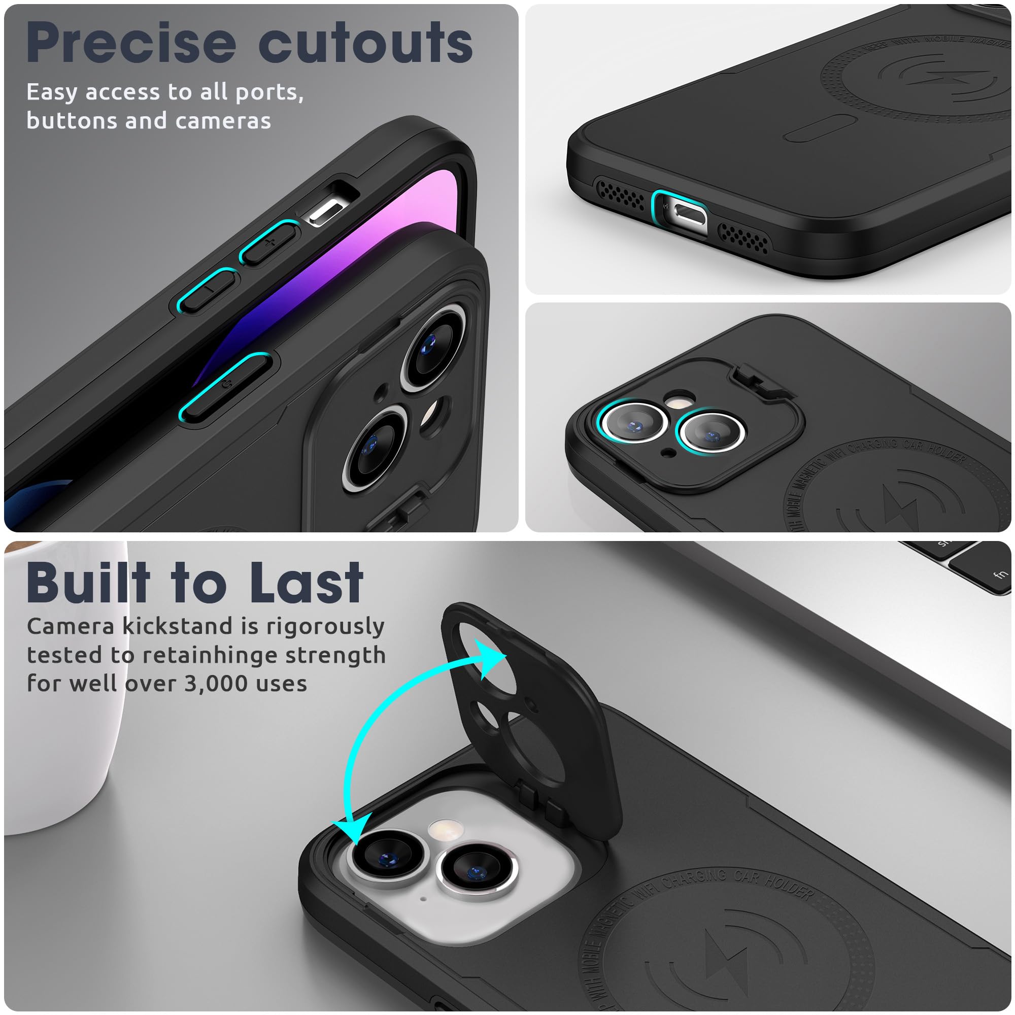 ABITKU Magnetic Shockproof Phone Case for iPhone 15 (6.1 inch) - Compatible with MagSafe & Car Holder, Built-in Camera Protector & Kickstand | Screen Protection Cover for Men & Women | Perfect for Daily Use, Travel & Outdoor Activities (Black, 2023 Model)