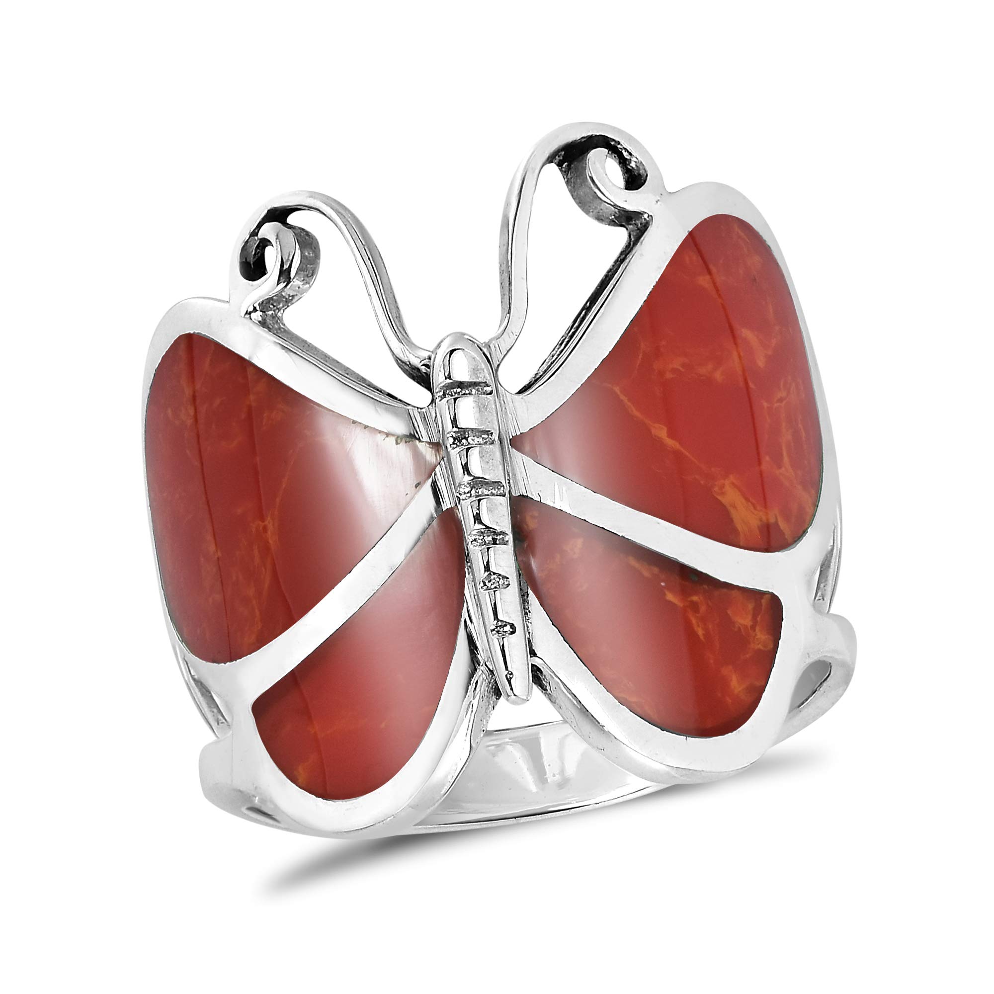 Captivating Butterfly Motif Reconstructed Red Coral .925 Sterling Silver Ring for Women | Elegant Wedding, Casual & Everyday Wear | Comfort Fit Sizes 6-11 | Perfect Gift for Daughter, Wife & Loved Ones | Handmade Jewelry for Special Occasions & Romantic Dates