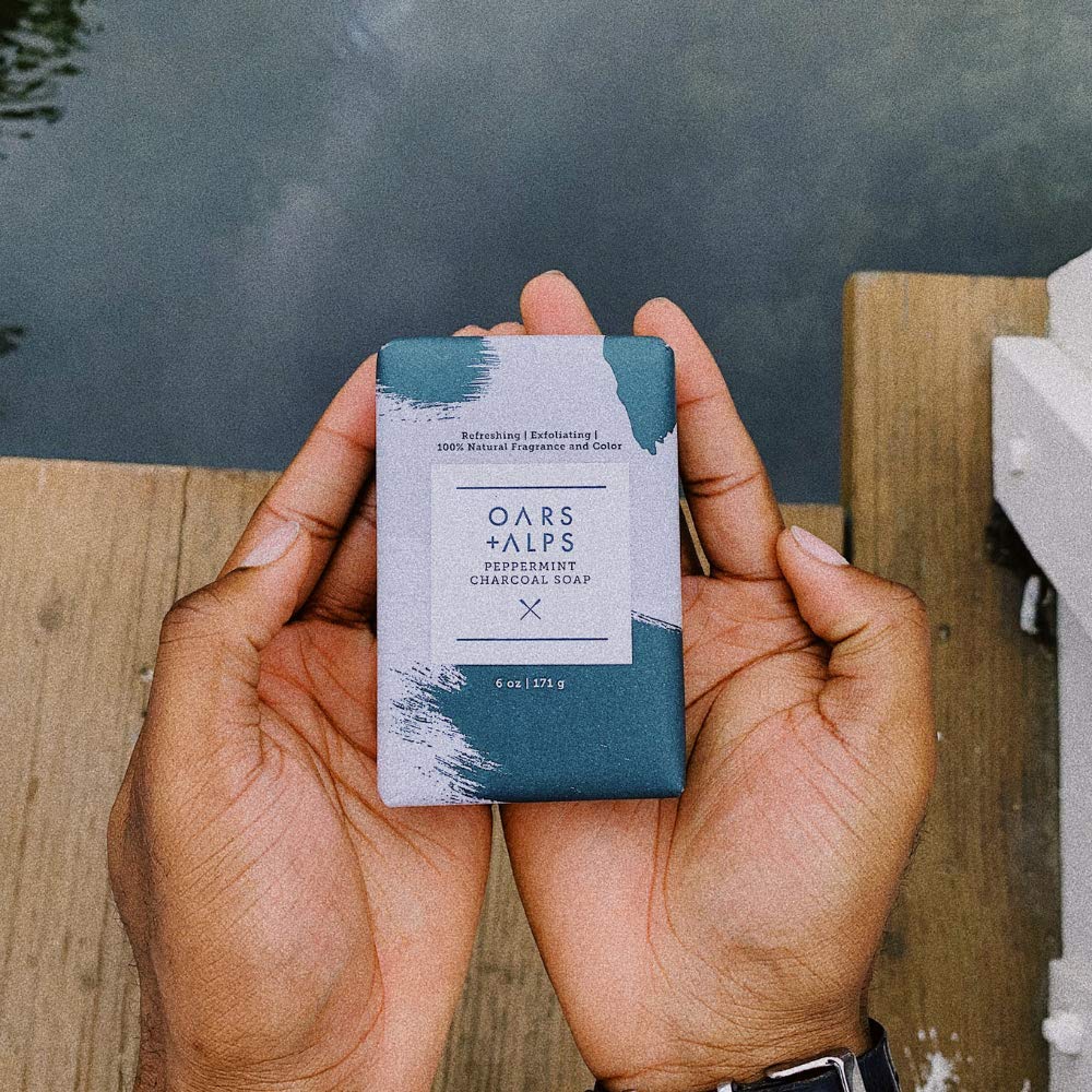 Oars + Alps Peppermint Charcoal Exfoliating Bar Soap for Men - Dermatologist Tested, Natural Ingredients, Travel Size (6 Pack, 6 Oz Each) - Deep Cleansing & Exfoliating for Fresh Skin - Perfect for Gym, Travel & Daily Use