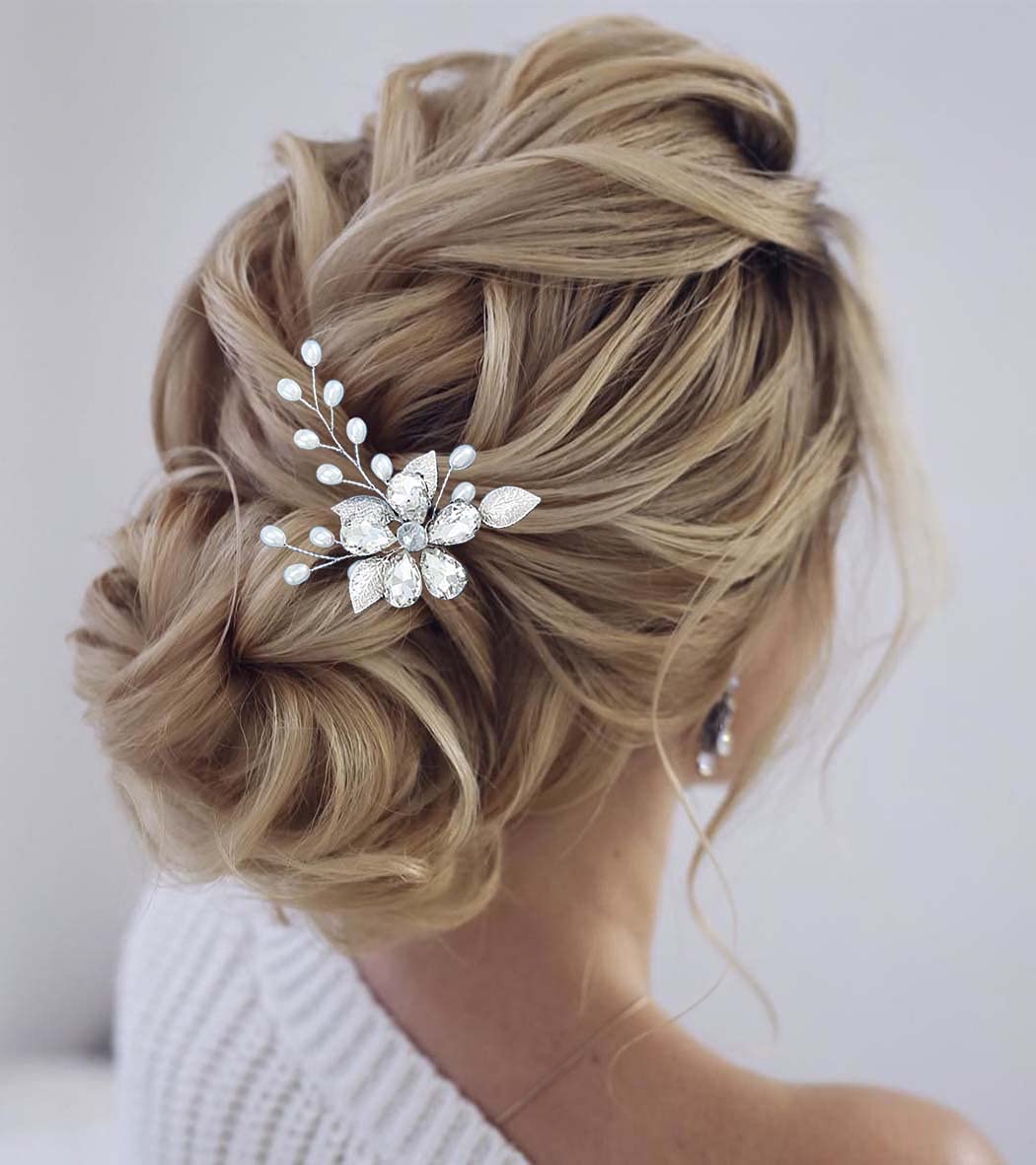 Sparkling Rhinestone Wedding Hair Pins - Silver Crystal Bridal Hair Clips with Pearl & Leaf Design - Elegant Hair Accessories for Bride, Bridesmaids & Women | Perfect for Weddings, Prom, Parties & Special Occasions