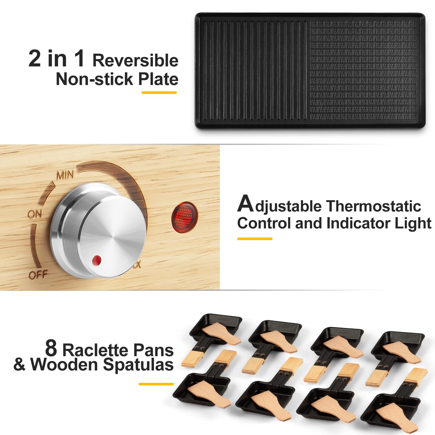 CUSIMAX Electric Indoor Raclette Grill & Korean BBQ - 2-in-1 Nonstick Grill Plate with 8 Cheese Pans, Wooden Spatulas & Base - Perfect for Family Gatherings, Dinner Parties & Holiday Entertaining