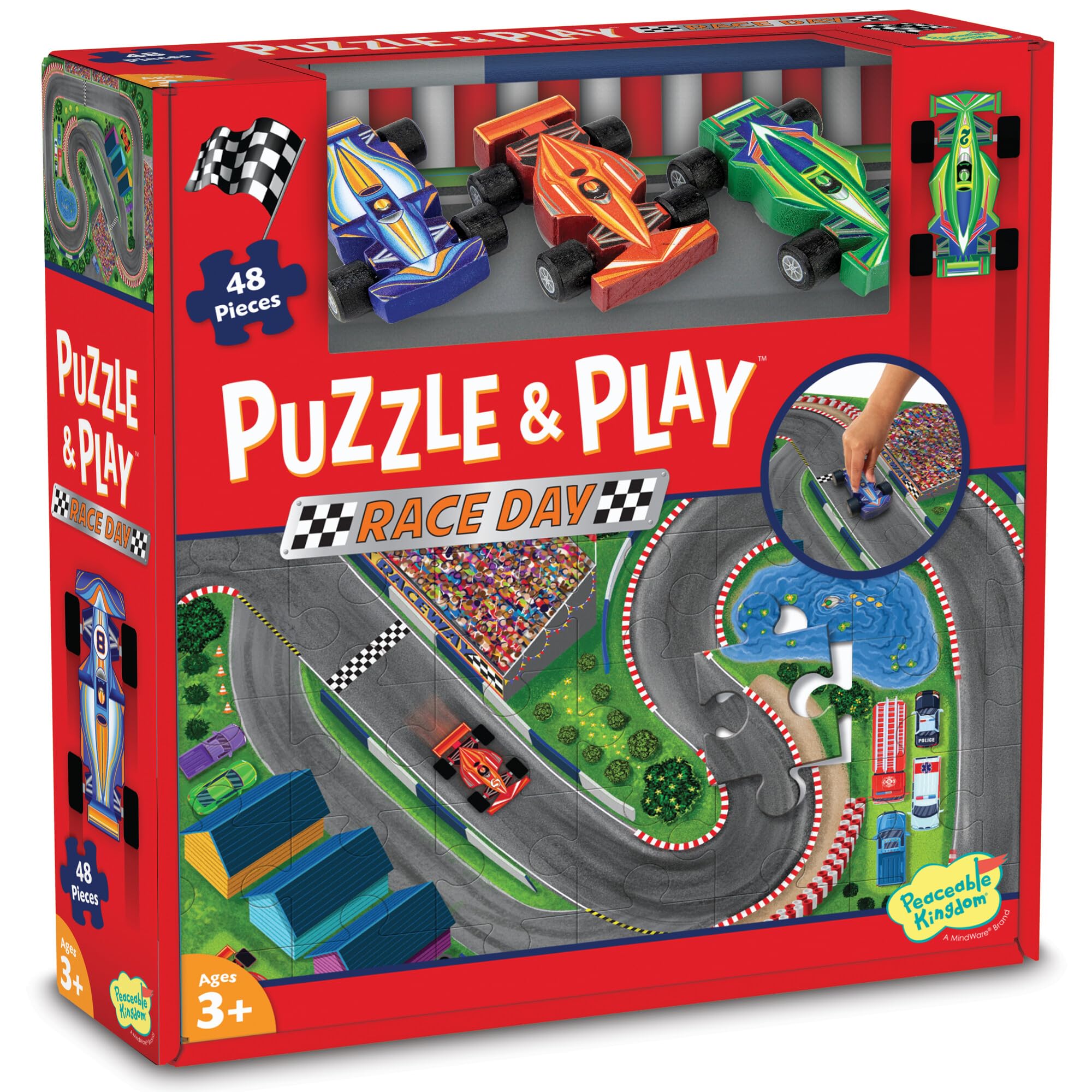 Peaceable Kingdom Race Day Floor Puzzle for Kids Ages 3+ with 3 Wooden Vehicles - 26”x36” Large Jigsaw Puzzle for Preschool Learning & Family Game Night - Perfect for Birthday Gifts, Classroom Activities & Toddler Educational Playtime