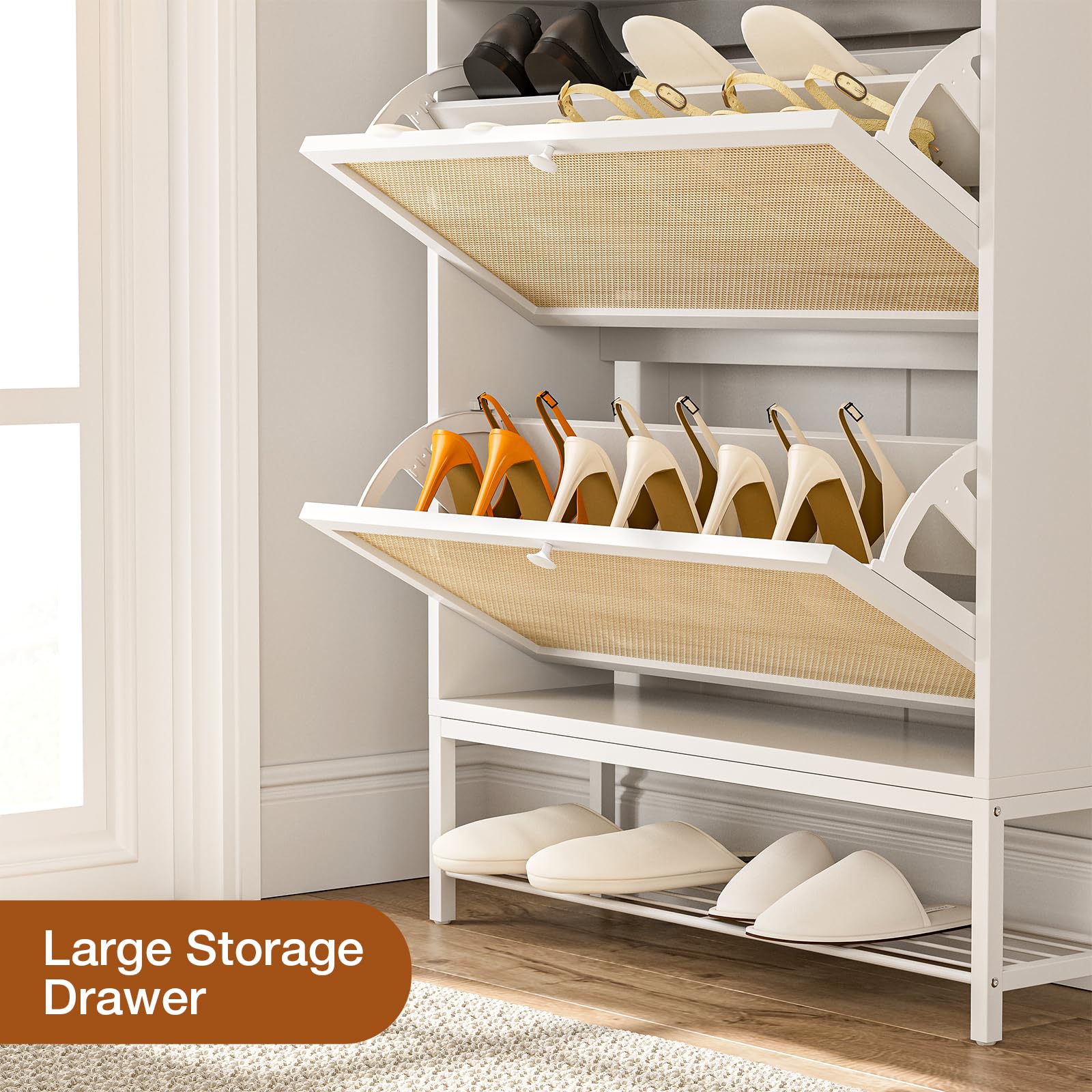IKIFLY White Rattan Shoe Cabinet with LED Light - 2 Flip Drawers & Open Shelves Narrow Shoe Storage Organizer with Metal Legs for Entryway, Living Room, Apartment - Perfect for Small Spaces & Home Decor