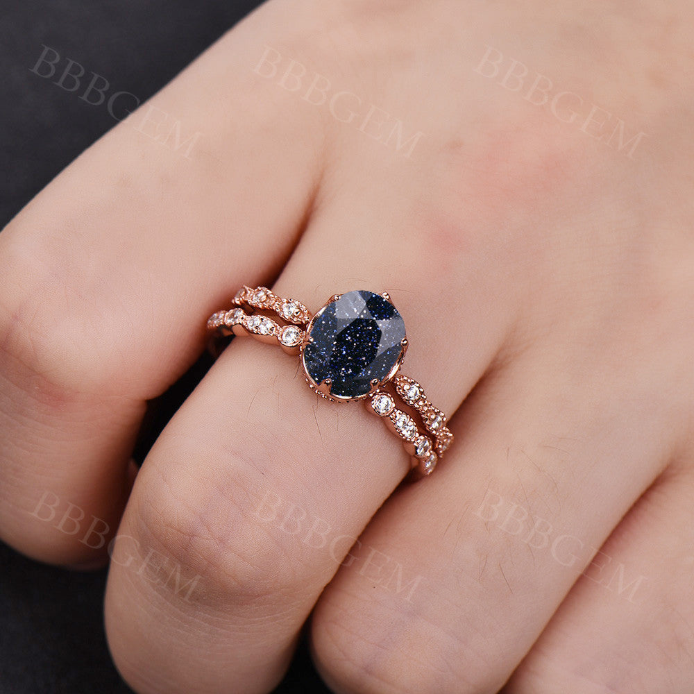 Pink Gold Blue Sandstone Bridal Set - 8X10mm Oval Cut Blue Sandstone Wedding Ring with Diamond Band for Women | Elegant Engagement, Promise, or Anniversary Jewelry Gift