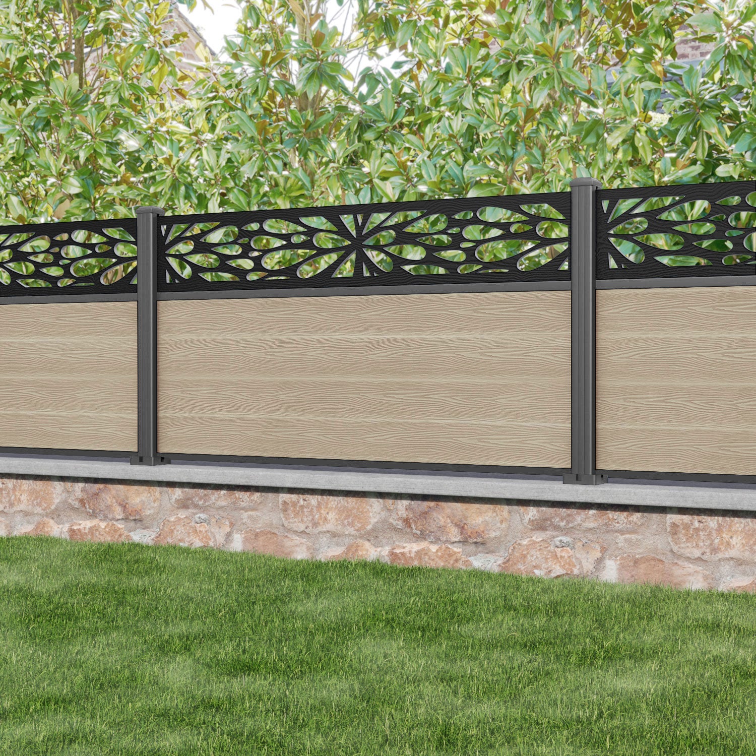 Classic Blossom Fence Panel - Light Oak Wood Garden Fence with Aluminum Posts - Perfect for Backyard Privacy, Patio Decoration, and Outdoor Landscaping