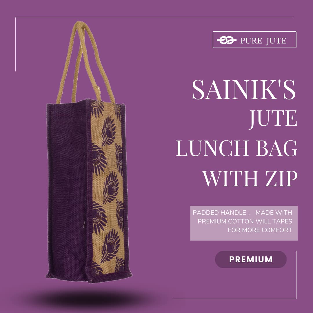 Premium Jute Lunch Bags for Men - Eco-Friendly Zip Closure Tote & Water Bottle Bags - Medium Size Printed Jute Carry Bag (Pack of 3) - Perfect for Work, Picnics & Sustainable Shopping