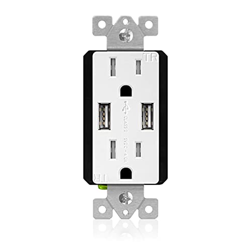 TOPGREENER 15A TR USB Wall Outlet - High Speed Dual USB Charger & Electrical Receptacle with Decorator Wall Plate - UL Listed (TU2154A, White) - Perfect for Home, Office & Hotel Charging Stations