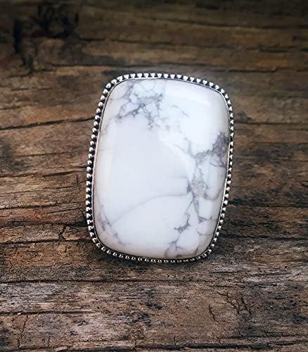 White Howlite Sterling Silver Ring – Antique Rectangle Boho Style Turquoise Howlite Promise Ring – Buffalo Ring, Healing Crystal Jewelry for Bridesmaids Gift & Gypsy Fashion – Perfect for Boho Weddings, Spiritual Healing & Everyday Wear (Size 6)