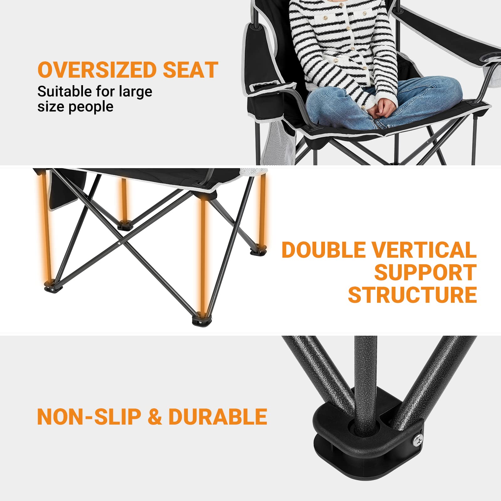 KingCamp Oversized Camping Chair - Heavy Duty Folding Chair for Adults, Extra Large Portable Padded Outdoor Chair XL Supports 330lbs - Perfect for Fishing, Sports, Picnics, Beach, Backyard, and Camping Adventures