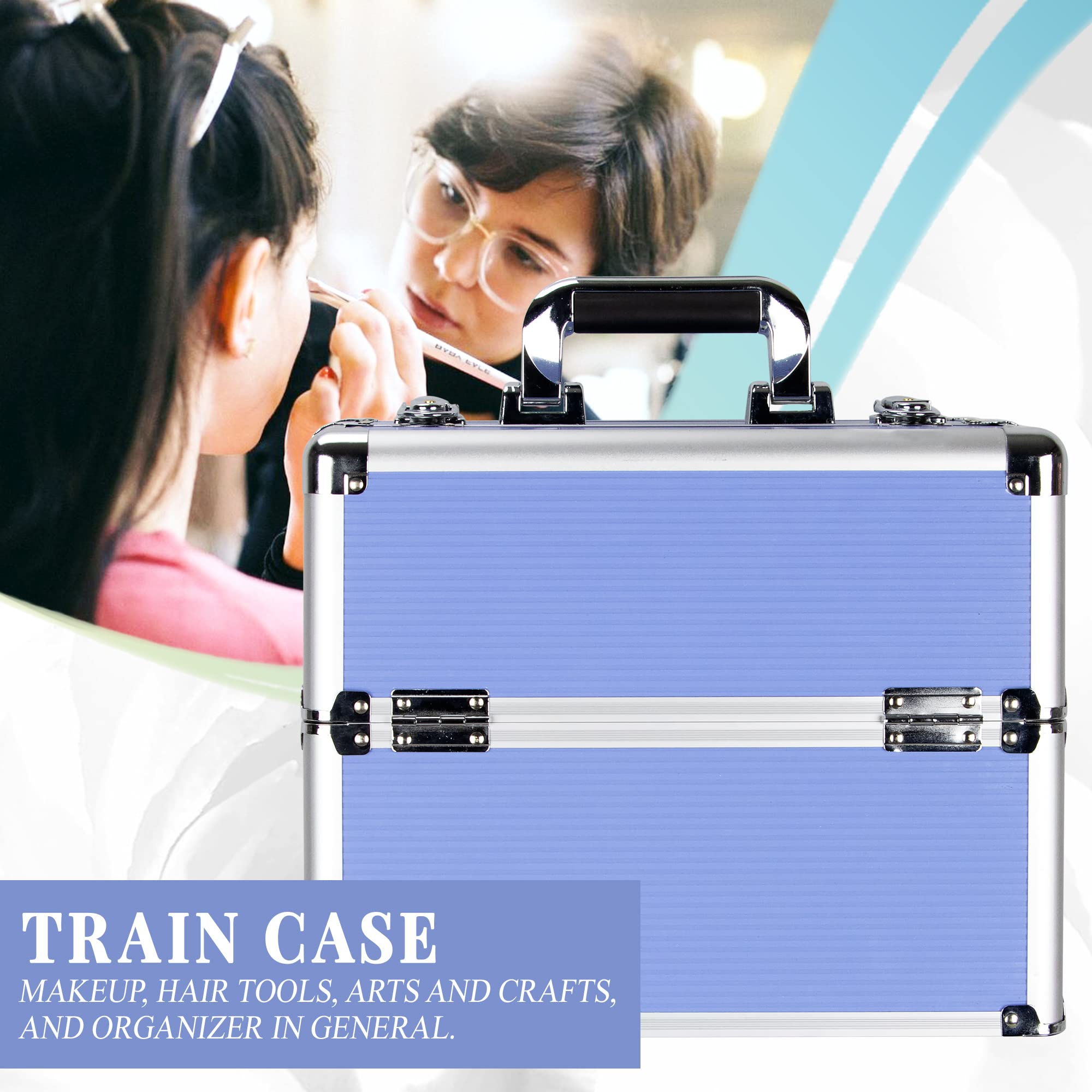 **Ver Beauty Makeup Organizer - Portable Cosmetic Travel Kit with 2 Sliding Trays & Lockable Storage Box - Professional Makeup Artist Supplies - Lightweight Aluminum Train Case (Lavender Stripes) - Perfect for Travel, Salon & Home Vanity**