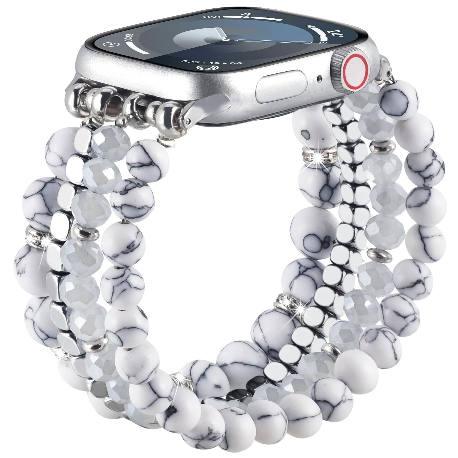 Natural Stone Beaded Stretch Bracelet Compatible with Apple Watch 38mm/40mm/41mm/42mm/44mm/45mm - Handmade Adjustable Strap for Women, iWatch Series 9/8/7/6/5/4/3/2/1/SE - Perfect for Office, Yoga & Casual Wear