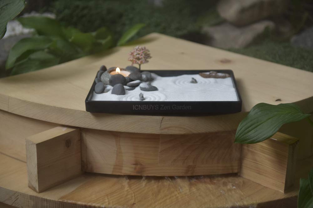 Handmade Zen Garden Pebbles Candle Holder Set with Sand, Base Tray & Tools - Meditation Decor for Home Office Desk, Spa Relaxation & Gift Idea