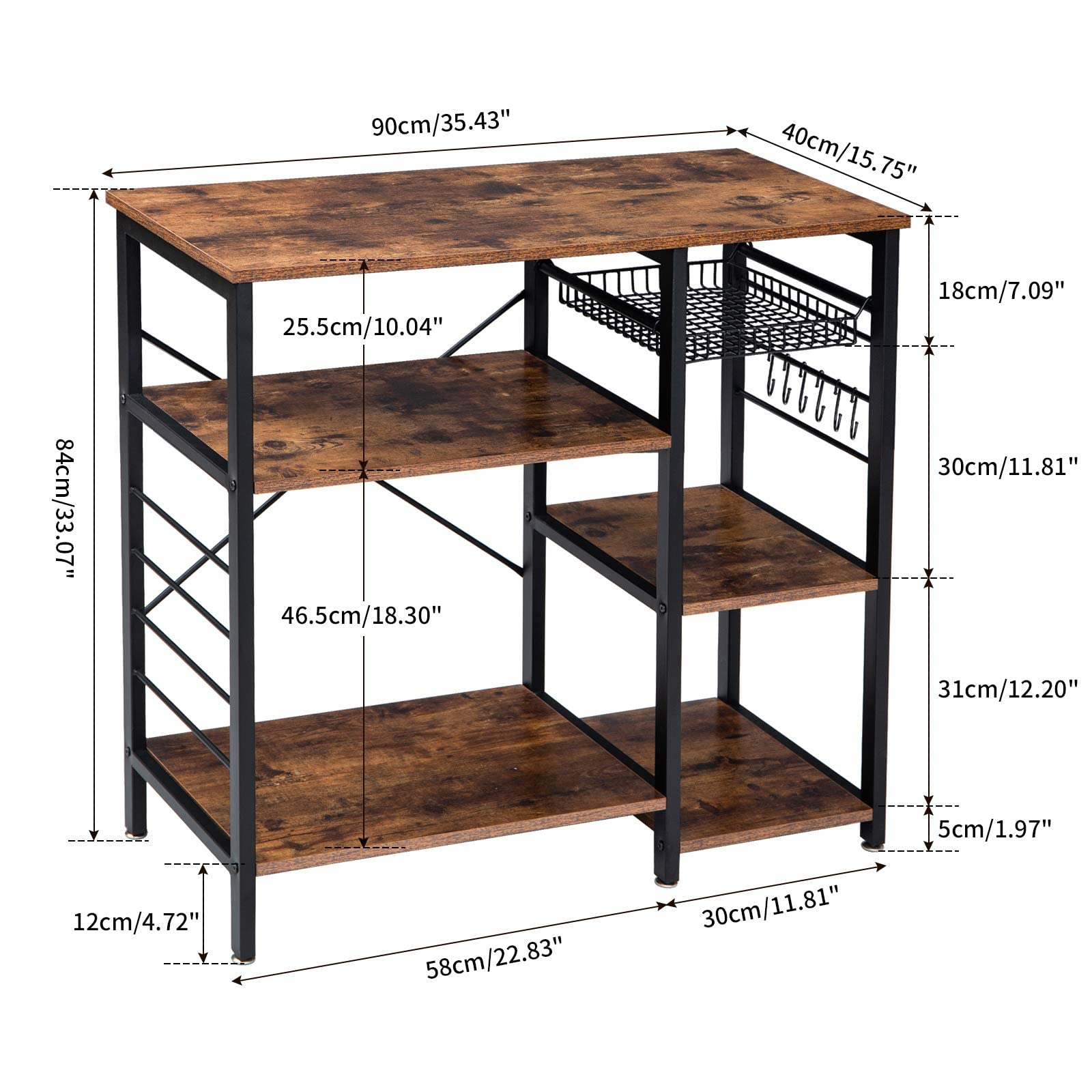 YMYNY Rustic Brown Baker's Rack - 35.4×33.1×15.75 Inch Multifunctional Kitchen Organizer with Coffee Bar Station, Microwave Stand & 6 S-Hooks - Perfect for Small Kitchen Storage, Pantry Organization & Coffee Bar Setup