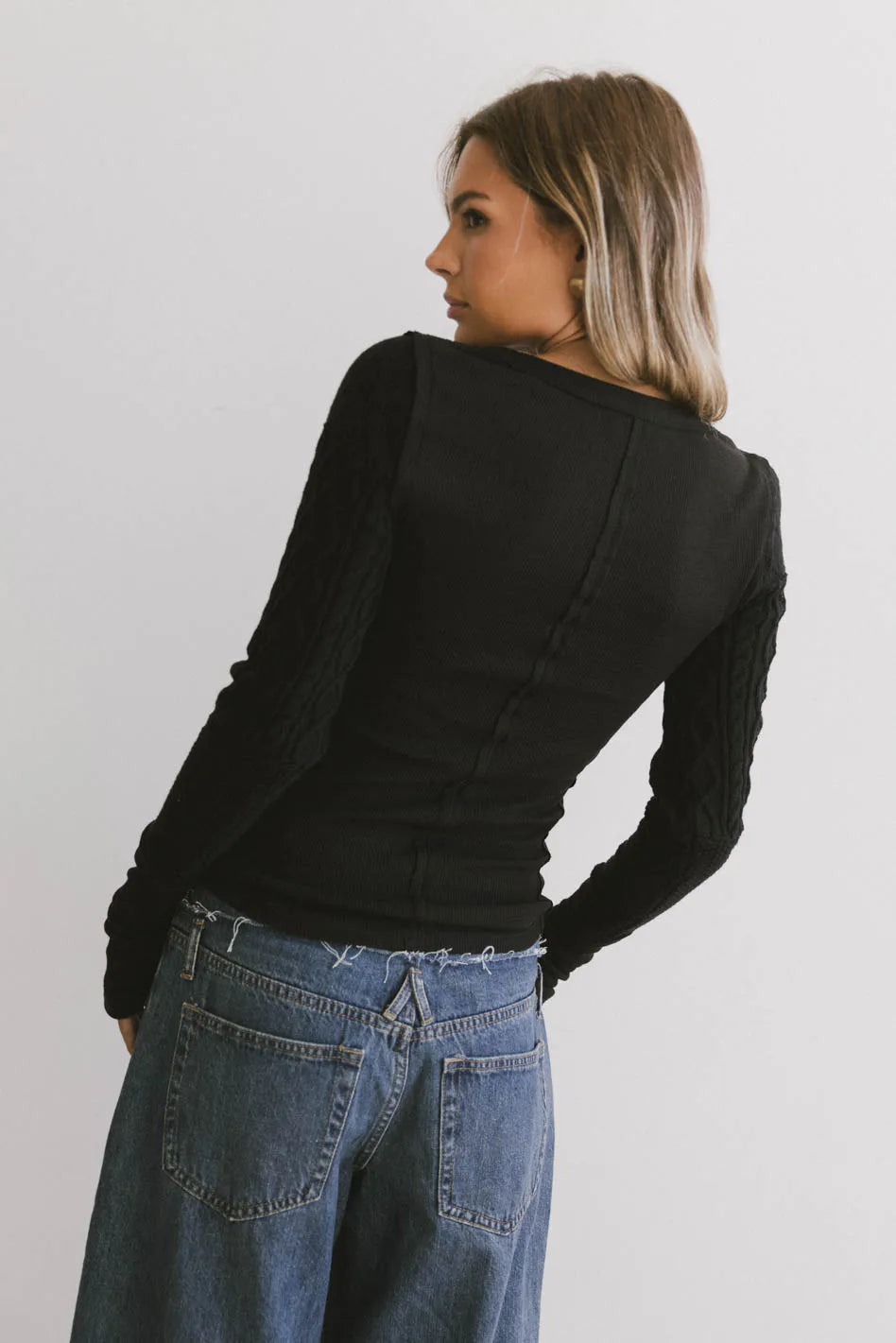 Naomi Cable Knit Sleeve Top - Women's Black Sweater for Fall & Winter | Cozy Casual Wear, Office Outfits, Date Night Fashion
