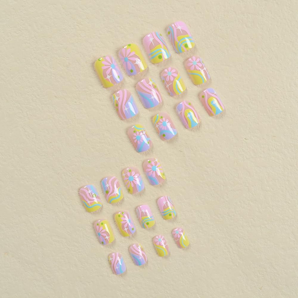 24-Piece Short Square Press-On Nails Set - Glossy Acrylic Full Cover Fake Nails with Rainbow Glitter | DIY Manicure for Women | Perfect for Parties, Weddings & Everyday Wear