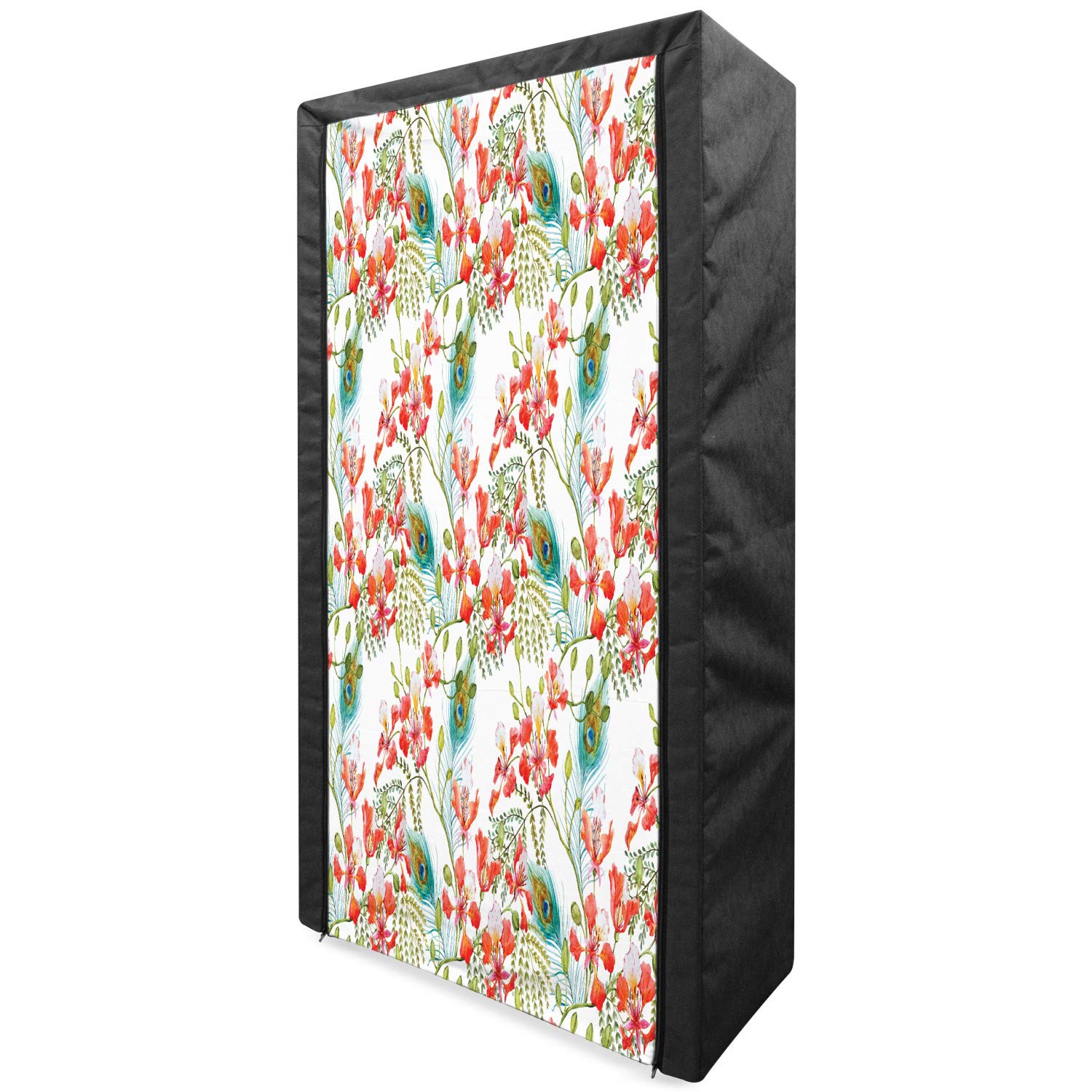 Ambesonne Spring Portable Fabric Wardrobe - Peacock Feather & Petunia Blossom Watercolor Design, 33.5