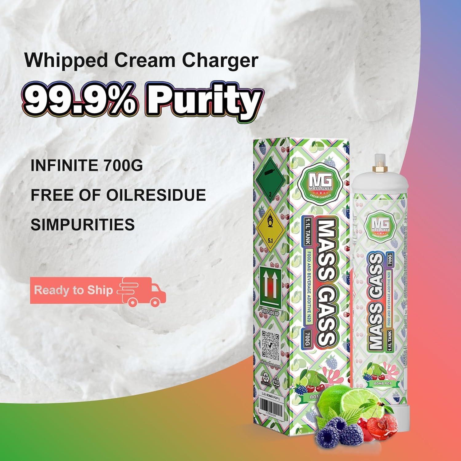 Premium Whipped Cream Charger 700g, 1.1L×6 Tanks - Food Grade Nitrous Oxide Canisters for Cream Dispenser - Bomb Pop Flavor - Perfect for Desserts, Coffee Toppings & Cocktail Garnishes (1 Carton)
