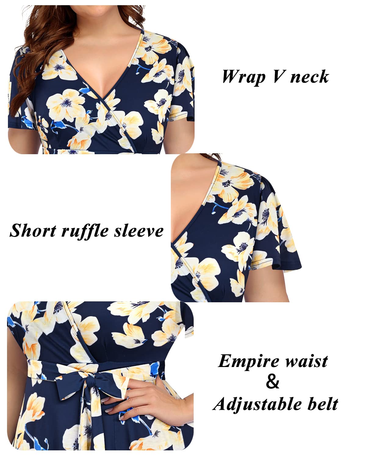 Plus Size Pinup Fashion Women's Wrap Dress - Empire Waist Semi Formal Cocktail Midi Dress for Wedding Guest, Date Night & Special Occasions